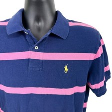 Polo Ralph Lauren Mens Large Navy Blue Pink Striped Short Sleeve Polo Shirt L