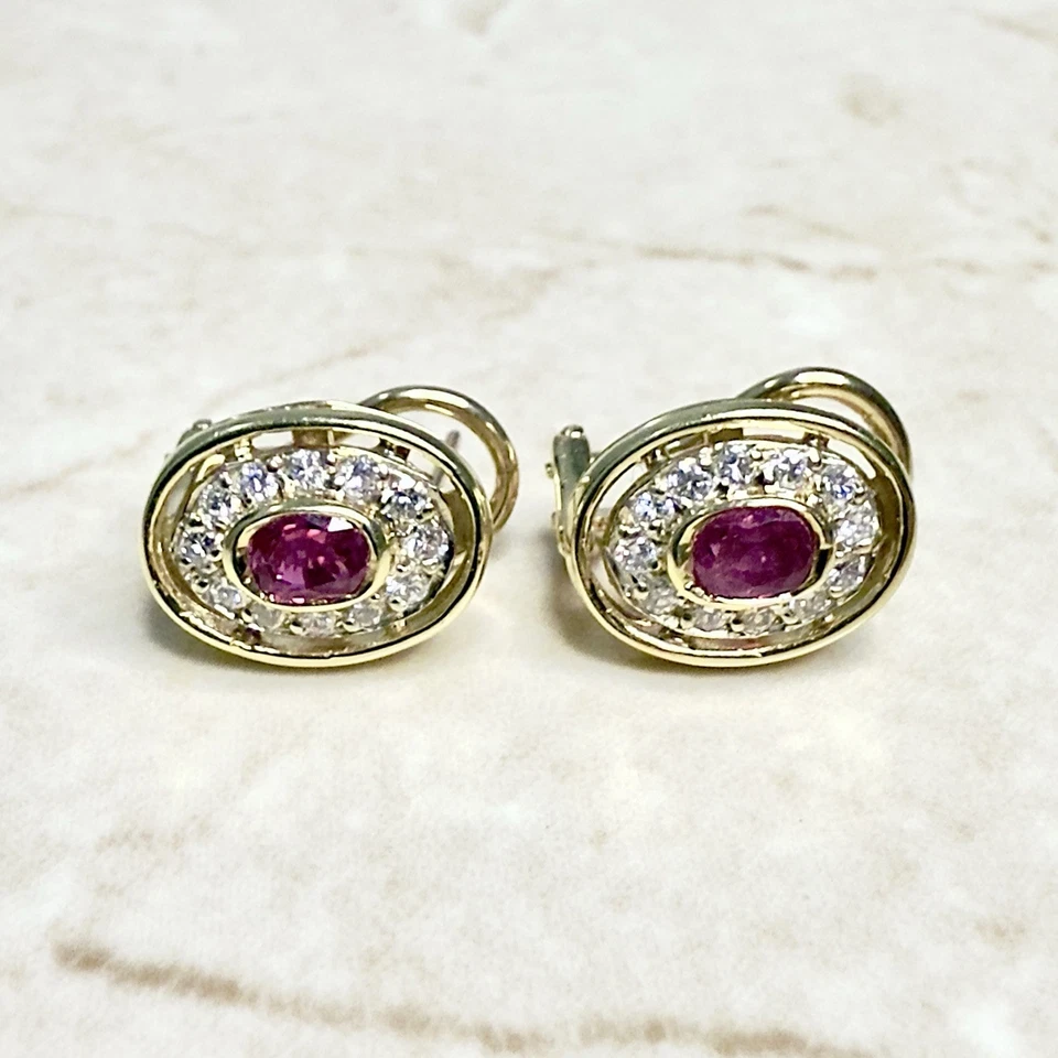 Vintage 14K Natural Diamond & Ruby Halo Earrings - 14K Yellow Gold Ruby Earrings - Image 3 of 4