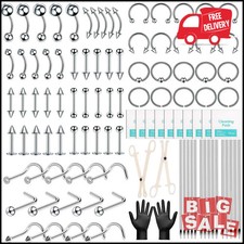 104PCS Body Septum Piercing Kit with 14G/16G/20G Needles Silver