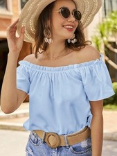 Summer Ladies Frill Off The Shoulder Bardot Tee Shirts Loose Holiday Tops Blouse