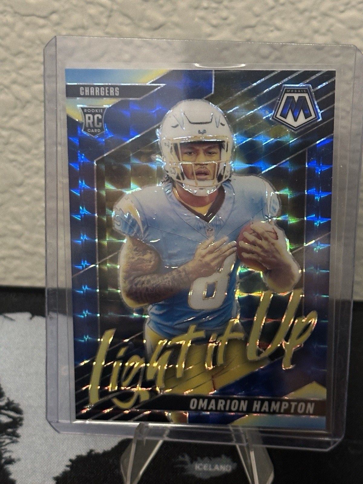 2025 Panini Mosaic Omarion Hampton #12 Light It Up Blue Mosaic Prizm (RC) /99