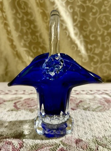 Vintage Fenton Cobalt Blue Art Glass Basket Vase with Clear Handle 6 1/2”