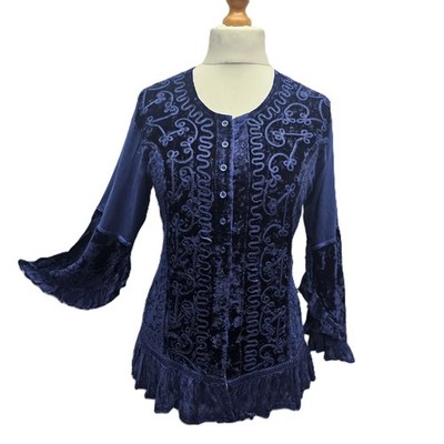 Velvet Blouse Women Embroidered Bell Sleeve Tie Back Ruffle Hem M L / L XL/XXL