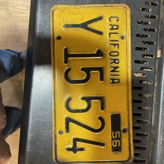Vintage California Single License Plate 1956; Y15524 Yellow; Black