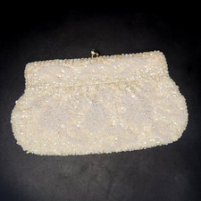Vtg Beaded Sequin Ivory Clutch Bag Purse Satin Lined Special Party Wedding Prom
