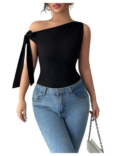 GORGLITTER Women’s Off-Shoulder Tie Knot Sleeveless Top Slim Fit – Black XS