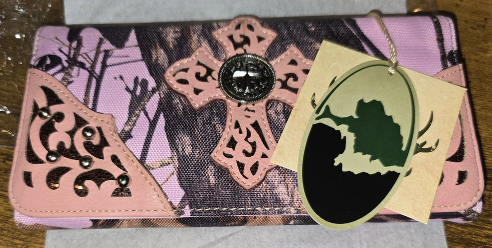 Cartera Western Damas RealTree Rosa Camuflada Cuero Cruz Con Concho Bidold Foto 4 de 4