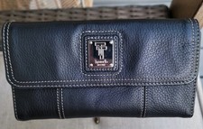 Tignanello Black Pebbled Leather Trifold Wallet Organizer Clutch Floral Lining