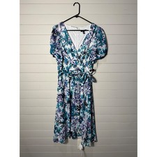 Chaps Womens Floral Chiffon Faux Wrap Dress Blue Purple White Size 14 NWT Easter