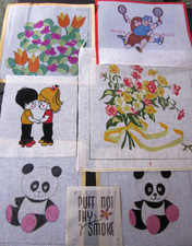 Hand Painted vtg Needlepoint Canvas Floral Pandas mixed lot of 7
