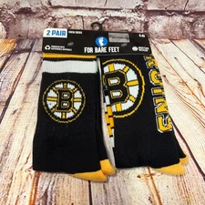 NHL Bruins Men's Black Retro Print Set Of Two Pairs Crew Socks Size 10-13 Large