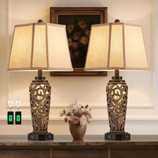27" Set of 2 Farmhouse Table Lamps for Living Room with USB A C Ports, Vintag...