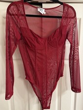 Princess Polly Leonie Mesh Bodysuit Burgundy Sz US 6 Sheer Underwire Long Sleeve