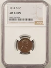 1914-D LINCOLN CENT - NGC MS-61 BN, LOOKS 63! CHOICE!