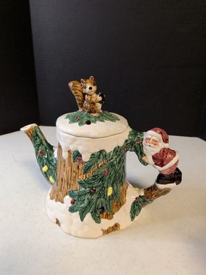 World Bazaar's Ceramic Christmas Stump Teapot with Santa & a Squirrel