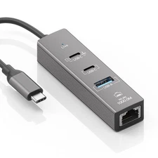 4 in1 USB-C to Ethernet Adapter with 1-Port USB Hub 2-Port Type-C Data Converter