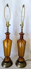 VTG 70’s Mid Century Modern Hollywood Regency Amber Glass Table Lamps PAIR!