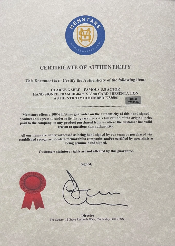 Clark Gable - Genuine Hand Signed Card, Photo Presentation (43cm x 33cm) & COA - Image 4 of 4