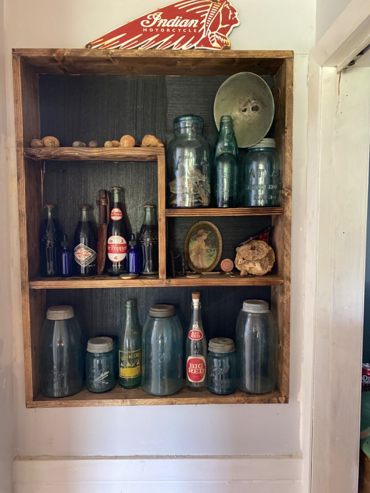 Lot vintage collectibles, Coca-Cola, blue ball, mason jars, porcelain sign, all