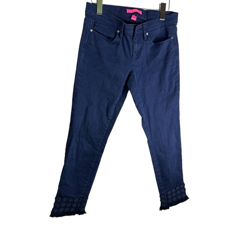 Lilly Pulitzer South Ocean Skinny Cropped Jean Embroidered Lace Size 6 Navy Blue - Picture 4 of 18