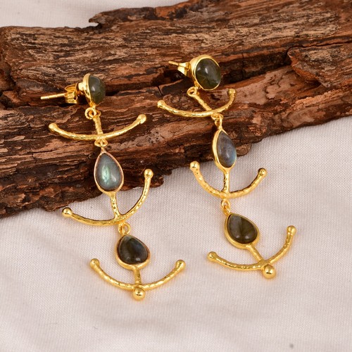 Yellow Gold Hammered Statement Dangle Earring With Labradorite & Sterling Silver - Picture 7 of 10