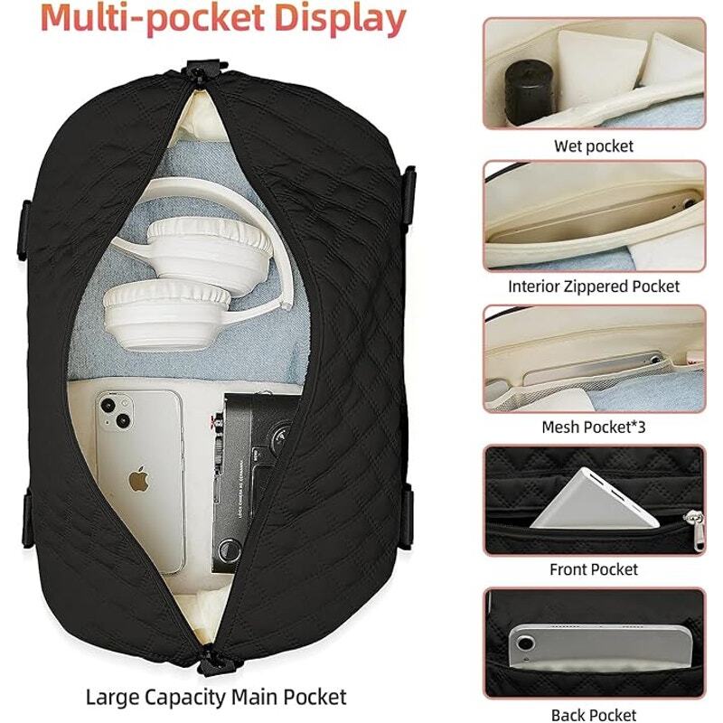 Large Quilted Travel Duffel Bag, Sports Gym Bag Weekender Overnight Bag
