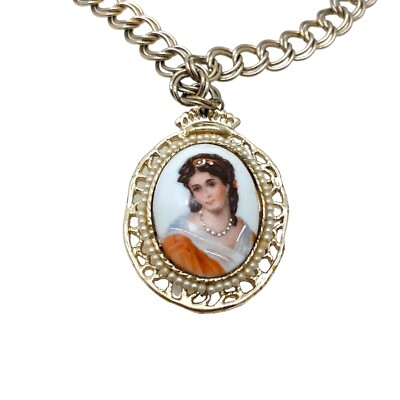 Limoges France Pendant Necklace 19'' Oval Cameo Painted Porcelain Miniature VTG