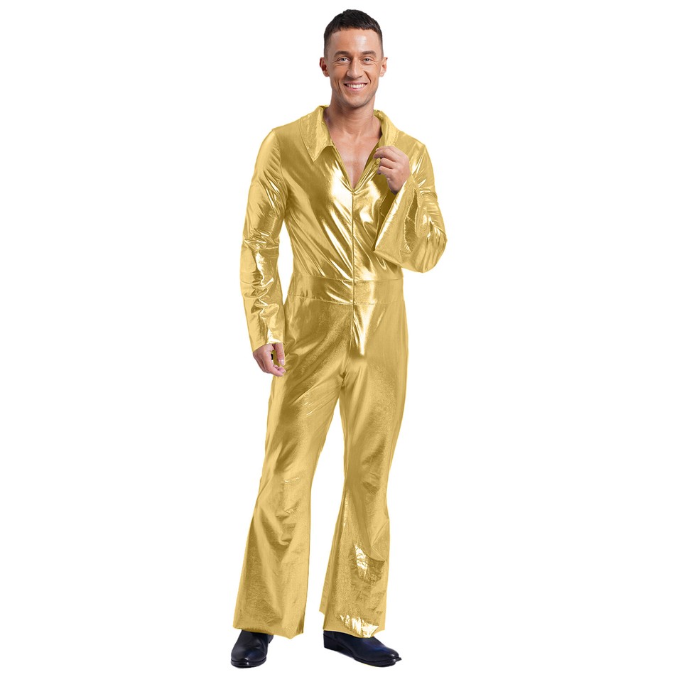 Mens Dancewear Rompers Jumpsuit Retro Costume Front Zipper Cosplay