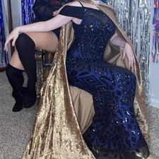 Angel fashions Spaghetti Strap Sheath Navy Blue Sequin 20’s Ball Gown, Size S
