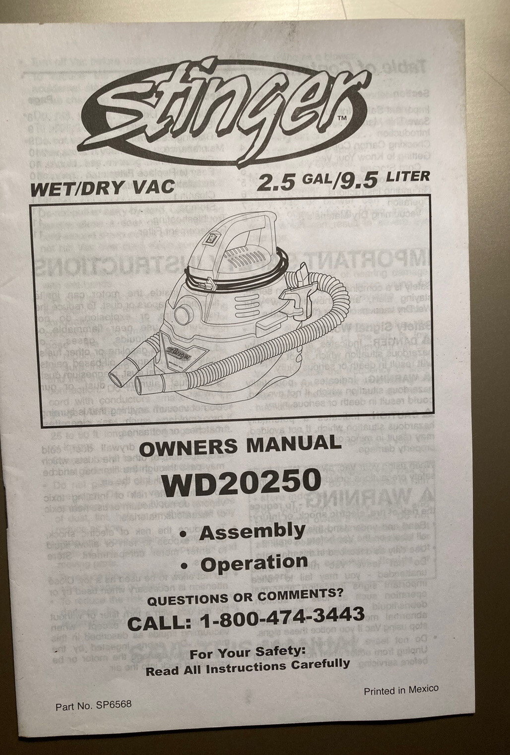 Stinger Wet/Dry Vac Owners Manual Model WD20250 Assembly Operation