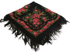 Vtg Russian Women s Wool Black/Pink Floral Fringed Scarf Shawl Large 67 x67