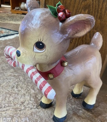 Bethany Lowe Designs Paper Mache Reindeer With Candy Cane 11 