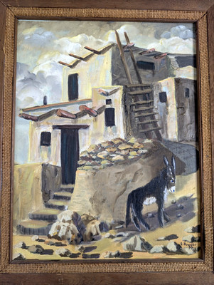 Vintage 1976 E Kryger Oil Painting Navajo Nation Pueblo Burro Framed 14x18.