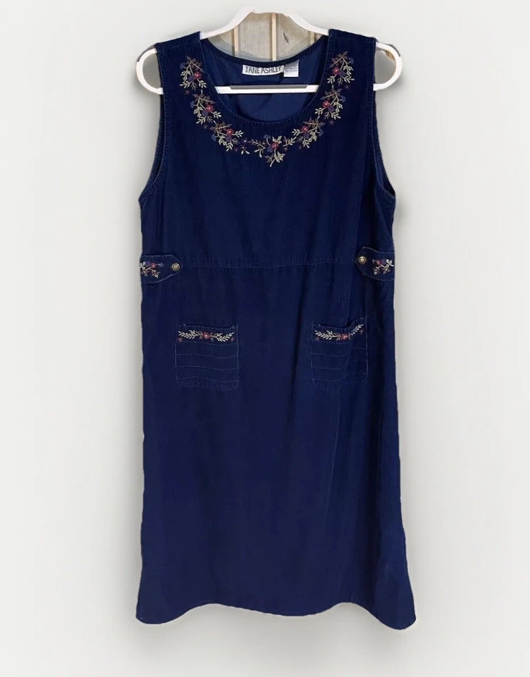 Vestido midi vintage Jane Ashley L azul micro pana bordado jersey cabaña Foto 2 de 4