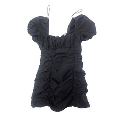 Lush Black Ruched Puff Sleeve Mini Bodycon Dress Size M Square Neck Off Shoulder