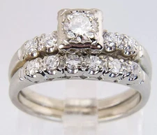 Art Deco Round Natural Moissanite Wedding Bridal 14K White Gold Plated Ring Set