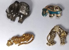 Vintage 4 Gold Elephant Tiger Chita Rinestone Enamel Rhinestone Pins