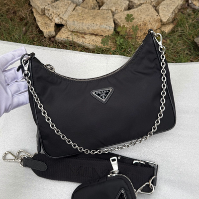 Prada Nylon Hobo Chain Shoulder Bag Crossbody Black Silver Women