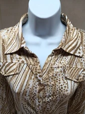 Multiples Top Womens PL Brown Animal Print Long Sleeve Pearl Snap Blouse Pockets