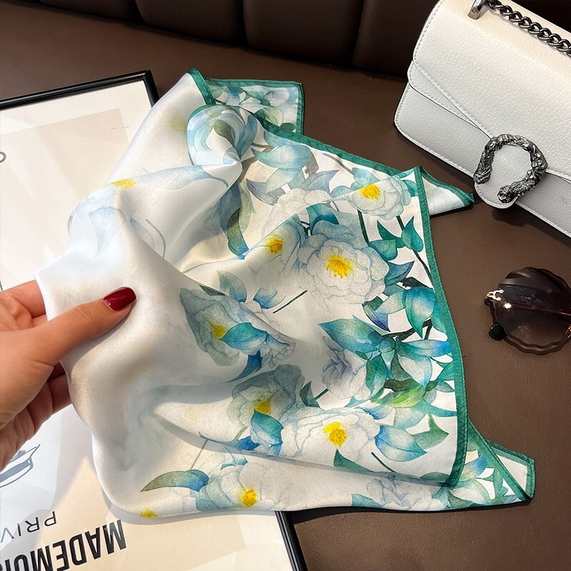 100% Silk Floral Scarf White Green Square Bandana Wrap 53x53cm