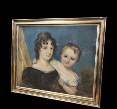 Portrait Kreidemalerei einer Mutter und eines Kindes, sehr gut gezeichnet.