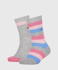 Image of Kids Designer Tommy Hilfiger Sock High 2 Pack Flag Stripe Grey Pink Blue