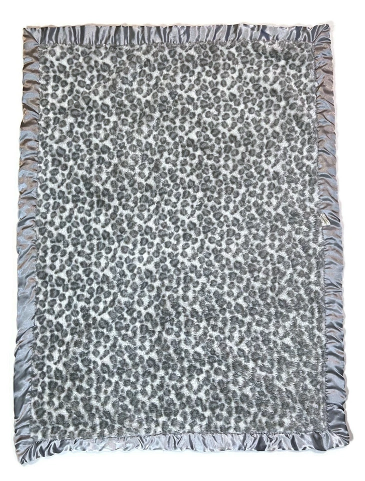 Manta de bebé Circo gris plata leopardo guepardo estampado animal ribete satinado 30x40" Foto 2 de 3