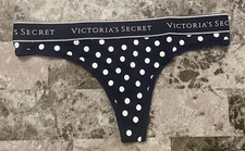 NWT VICTORIA'S SECRET NAVY BLUE POLKA DOT THICK LOGO WAISTBAND THONG PANTIES