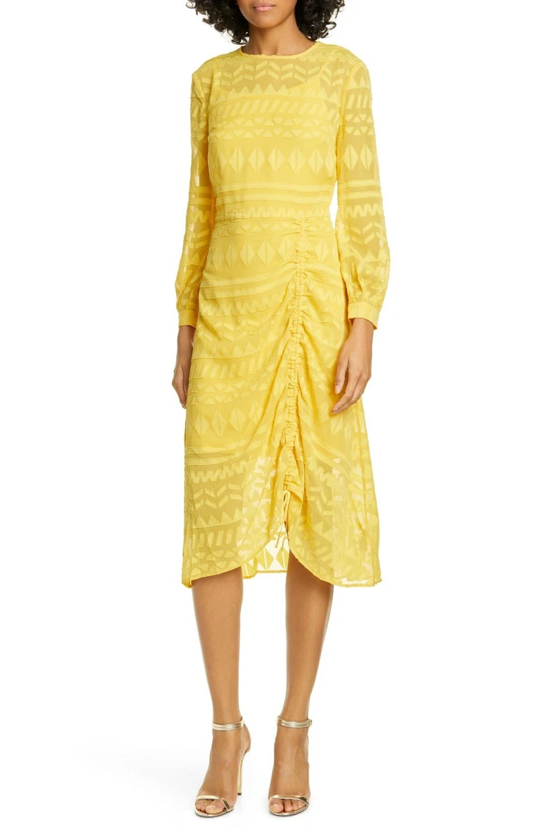 TED BAKER Yellow Gold SAFA Burnout Jacquard Ruched Midi Dress 5 US 12 NO SLIP