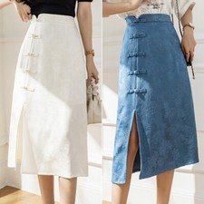 Donna Cinese Midi Rana Bottoni Lato Spacco Jacquard Floreale Aderente Vintage