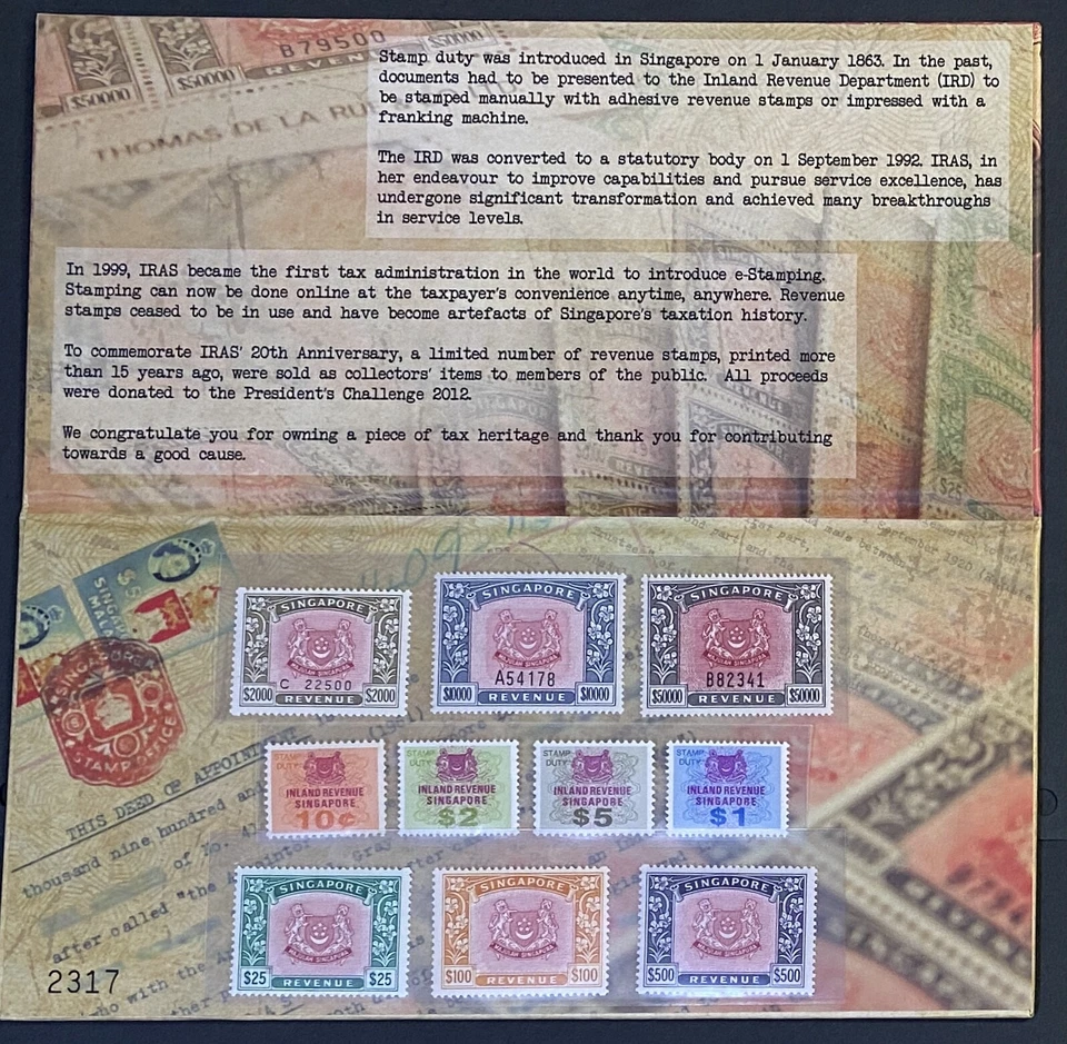 Juego completo de estampillas de ingresos de Singapur 1969-85 10¢-$50.000 en carpeta oficial de IRAS Foto 2 de 3