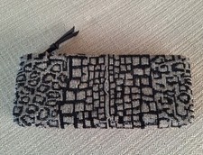 Neiman Marcus Beaded Clutch Cosmetic Purse Black Silver Zipper Closure EUC