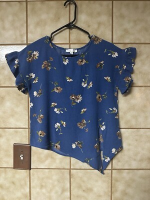 Final Touch Blouse Women Size Sm, Blue Retro Floral Front Tie Peasant Top