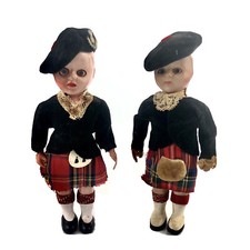 Two Vintage Hard Plastic Scottish Boy Doll with Kilt Sleeping Eyes 6.5" Tall